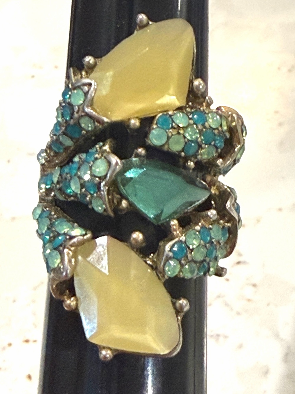 Vintage Statement Yellow & Teal Crystal Cocktail Ring Size 7.75